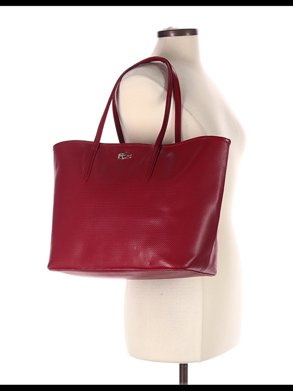 Lacoste Red Textured Leather Tote Bag